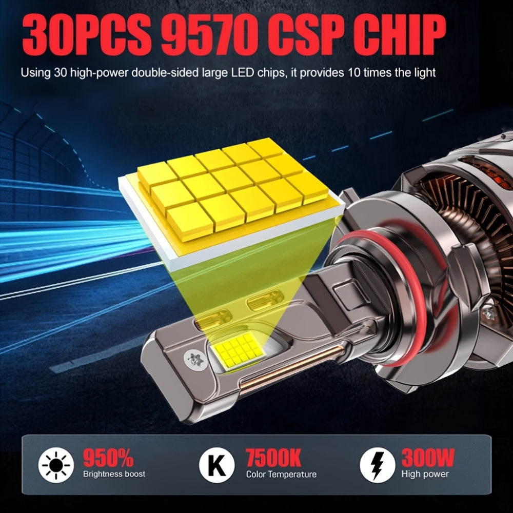 2pcs High Quality LED Lamp 9006/HB4-QK008 H4/H7/H1/H4/9003/HB2/H11/H18/H16/9012/9005, 60000 Lumens, 7500K, 300W, 950% Brightness, 360° Beam Angle, 9570 Chip, High-Performance LED, Car LED Light, 12V