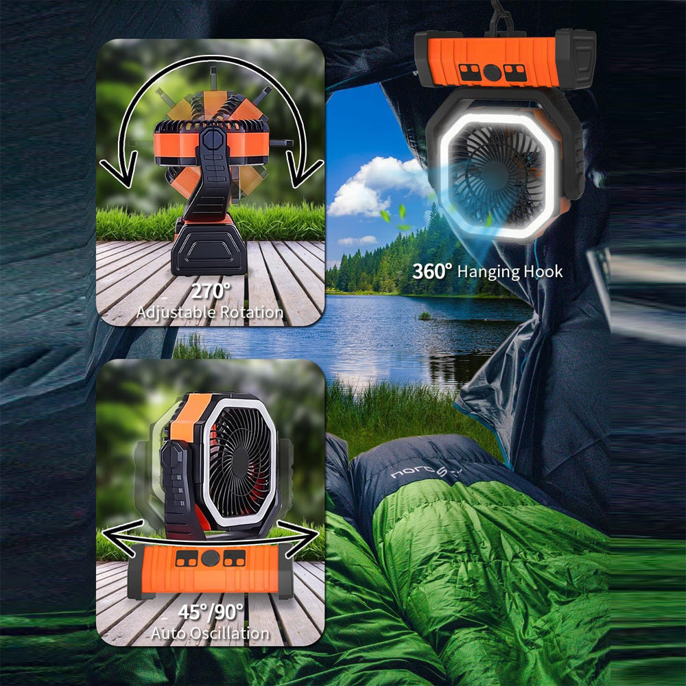 Camping Fan with LED Tent Light, Portable Outdoor Fan with Remote Control, 4 Speeds, 3 Light Modes, 20000mAh Rechargeable Battery, USB Charging, 360° Rotatable Hook for Tent Camping Travel