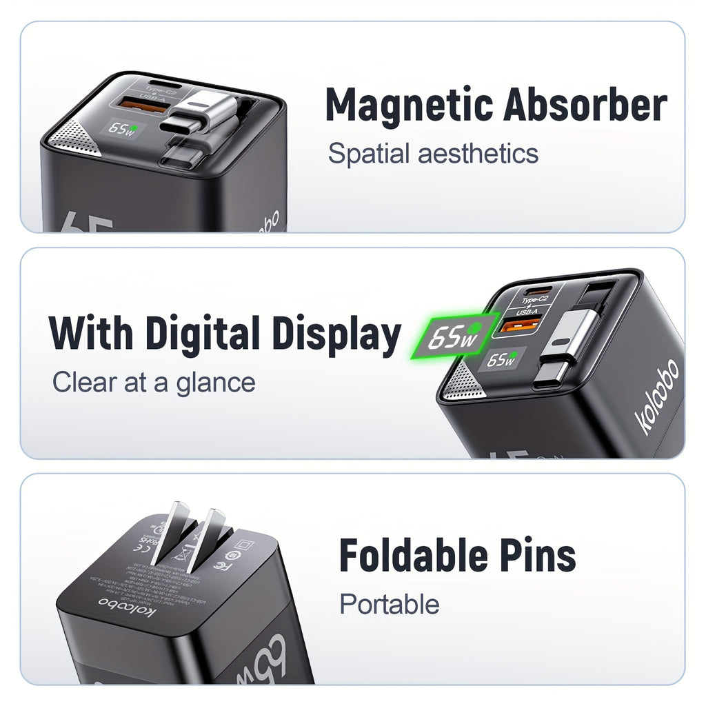 65W Portable Fast Charger with a Retractable Cable And Foldable Plug, Designed for Travel. Compatible with for iphone 17/16/Pro/Pro Max/15/14 And Galaxy/Ultra Series. The Charging Cable Retracts for Easy Storage And Portability