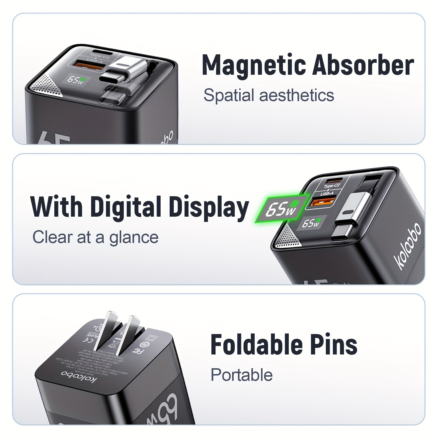 65W Portable Fast Charger with a Retractable Cable And Foldable Plug, Designed for Travel. Compatible with for iphone 17/16/Pro/Pro Max/15/14 And Galaxy/Ultra Series. The Charging Cable Retracts for Easy Storage And Portability