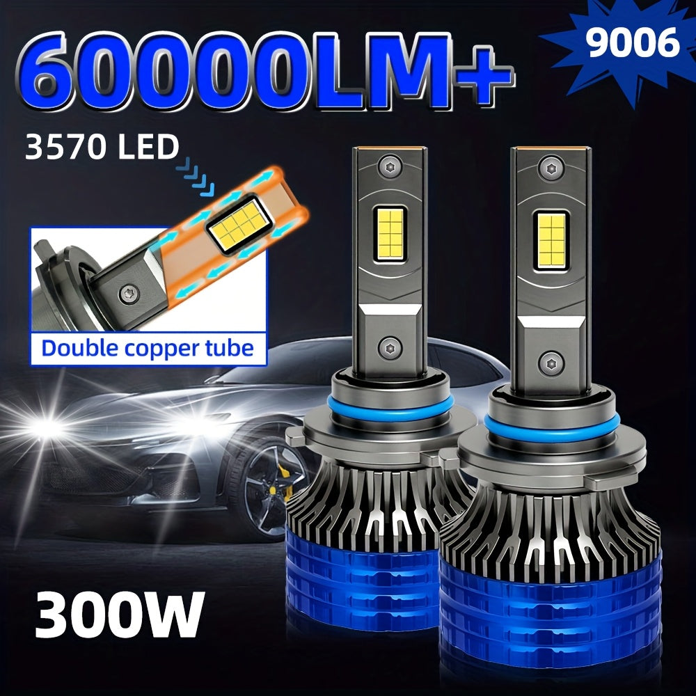 2个H4 H7汽车LED大灯，300W高功率60000流明，兼容Canbus及多种车型，包括H1、H11、H8、H9、HB3、9005、HB4、9006，12V 24V，配备6000K涡轮灯，适用于车辆，不含电池