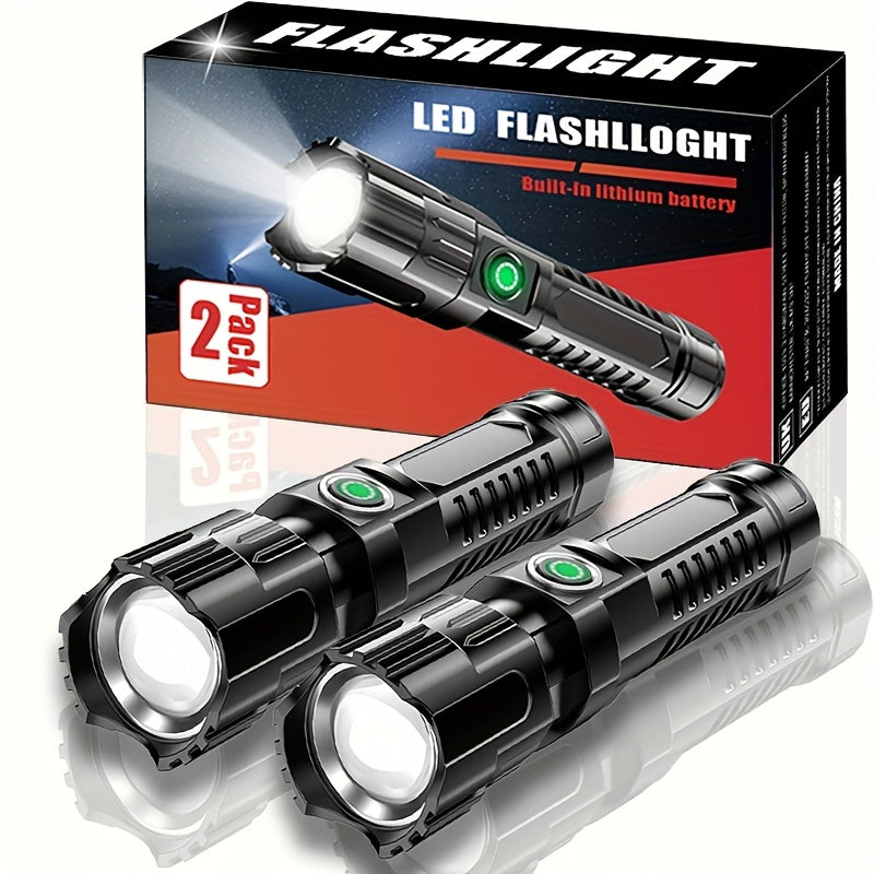 Two Ultra-Bright Flashlights, High Lumen Tactical Flashlight with 3 Modes, Zoomable, Portable Camping Flashlight for Outdoor Hiking & Home Emergency, Built-in Lithium Battery