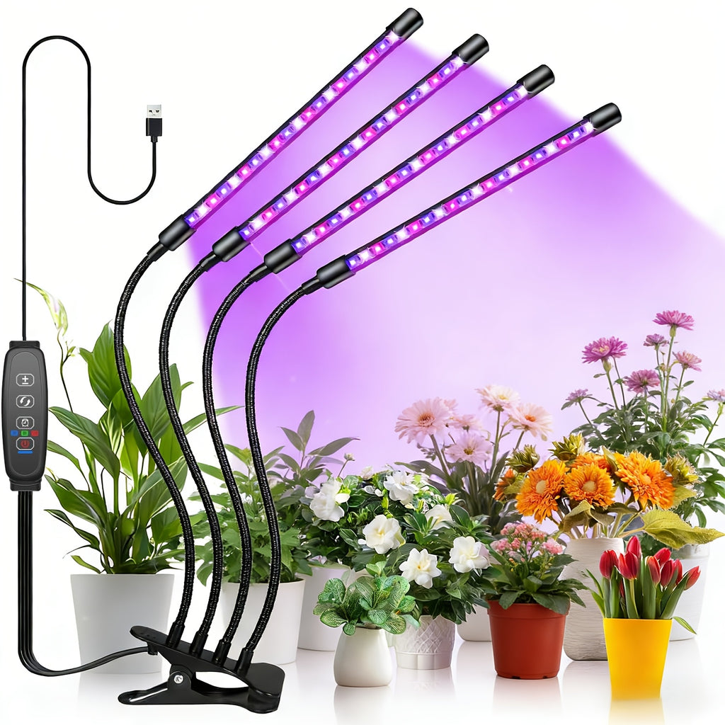 1PC Full Spectrum 4-Head Adjustable LED Plant Grow Light, 3 Light Modes, 9 Dimmable Brightness Levels, 3H/6H/9H Timing Function, USB Powered, Suitable for Succulents, Green Plants, Flowers, Seedling Cultivation and Hydroponics