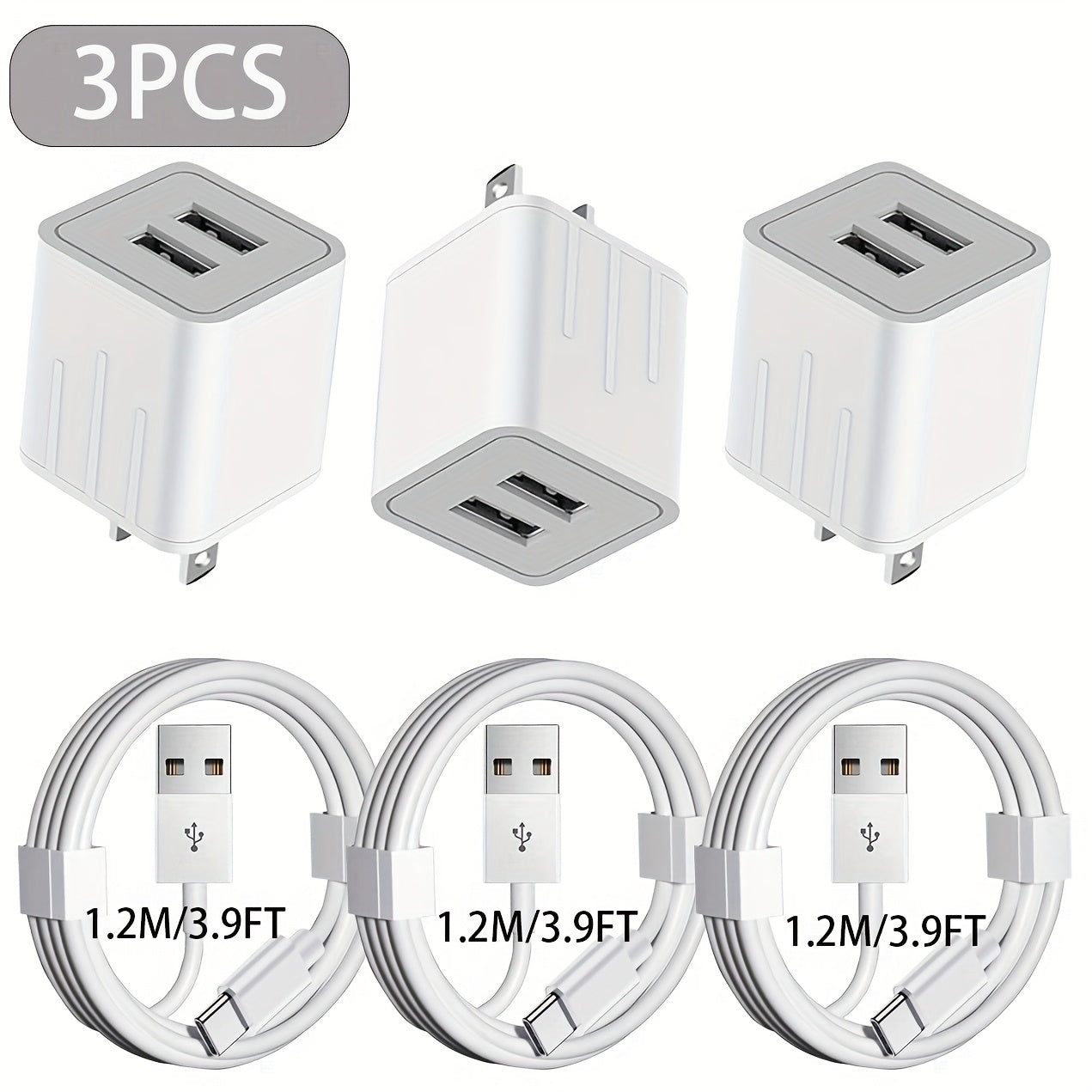 10W Dual-Port Wall Charger Adapter, USB Converter, Small Device Charger Adapter USB Converter for iPhone 15-17 iPad Pro Samsung Galaxy with 47.24inch USB A-C Cable 3/4pcs
