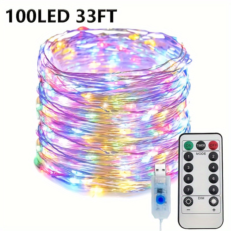 USB灯串 | 66FT 200LED, 33Ft 100 LED, 16.4FT 50LED 变色银丝灯，带8种照明模式遥控器，适用于工艺品卧室天花板圣诞装饰，彩色铜丝灯，USB供电，包含纽扣电池