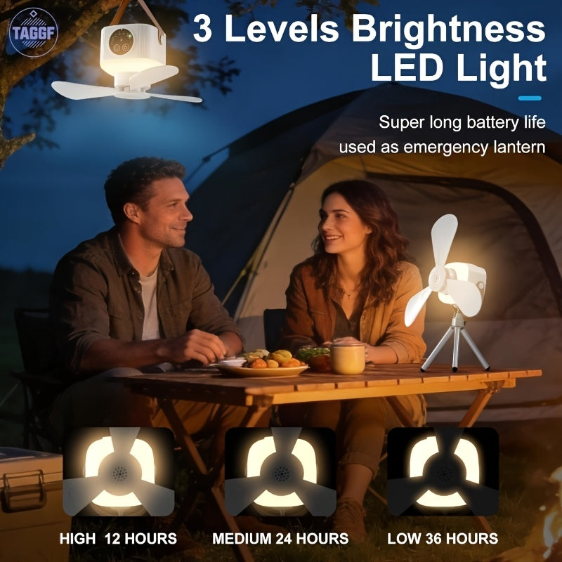 Outdoor Portable USB Rechargeable Camping Fan with LED Lantern, 3 Speed Levels, 8 Hours Timer, Remote Control, Hanging Mini Fan, Essential for Tent RV Camper Home Office Hiking Travel, Camping Gear Emergency Kit