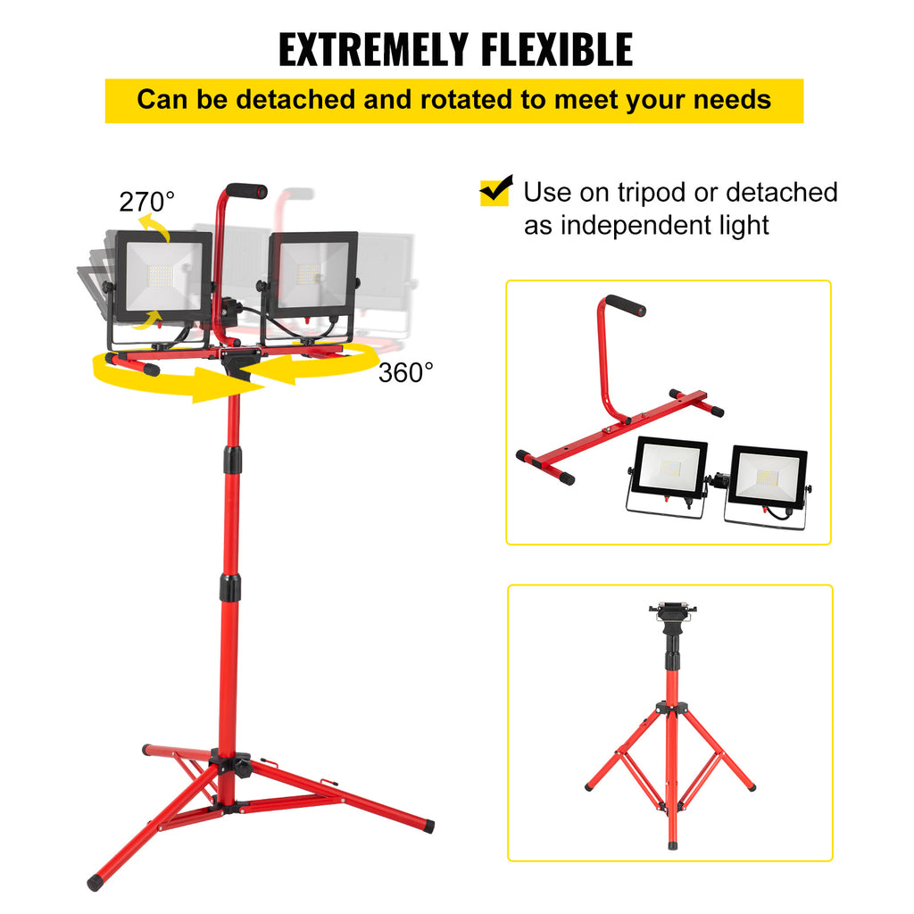 VEVOR LED work light with stand, 1/2 pieces, 5000lm/10000/20000 lumens dual-head LED work light, 27.6“-68.1” adjustable foldable tripod, IP65 waterproof LED tripod work light, 5000 Kelvin color temperature