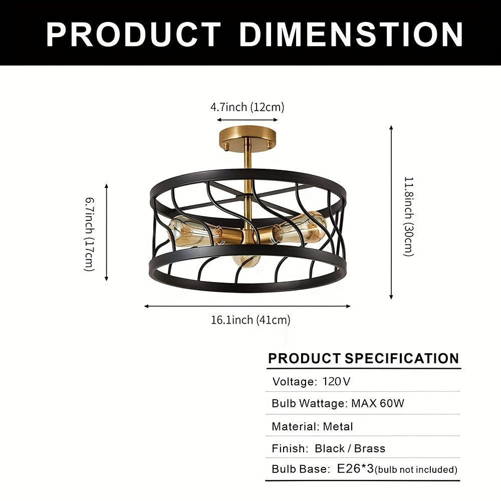 Modern 3-Light Black and Gold Semi-Flush Mount Ceiling Fixture with Drum Cage Design - Elegant Metal Lighting for Kitchen, Hallway, Bedroom or Living Room, E26 Base (Bulb Not Included), Living Room Decor | Modern Ceiling Light | Durable Metal