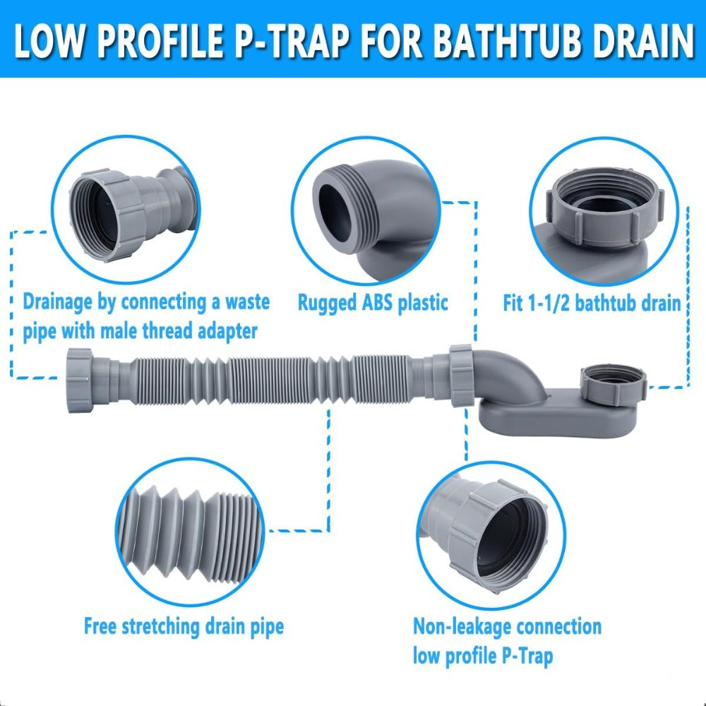 1 Set Bathtub Shower Drain Pipe - Telescopic Odor-Proof Drain Hose 2-Piece Set: 1 Gray 1-1/2" Drain Pipe + 1 Blue Teflon Tape, for Bathroom
