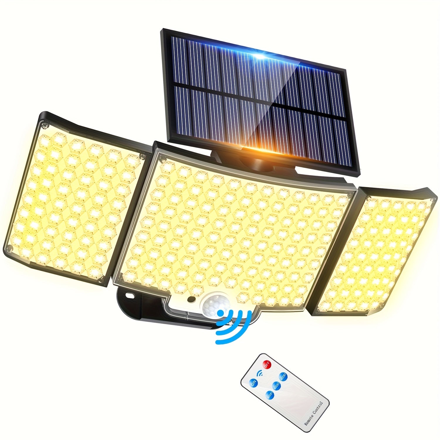 1/2 Pack Outdoor Solar Light, Motion Sensor Light, Porch and Garden Light with 212 LEDs, Exterior Wall Light with Remote Control, IP65 Waterproof Rating, 3-Head Security Floodlight, 270° Wide Angle, 3 Modes, Perfect for Courtyard, Pathway