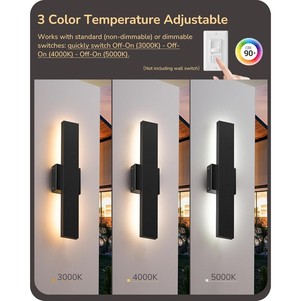EDISHINE Outdoor LED Wall Light 2-Pack, Dimmable, 3 Color Temperatures Selectable (3000K/4000K/5000K), 15.7-Inch Modern Black Linear Fixture, Suitable for Porch, Garage, Entryway