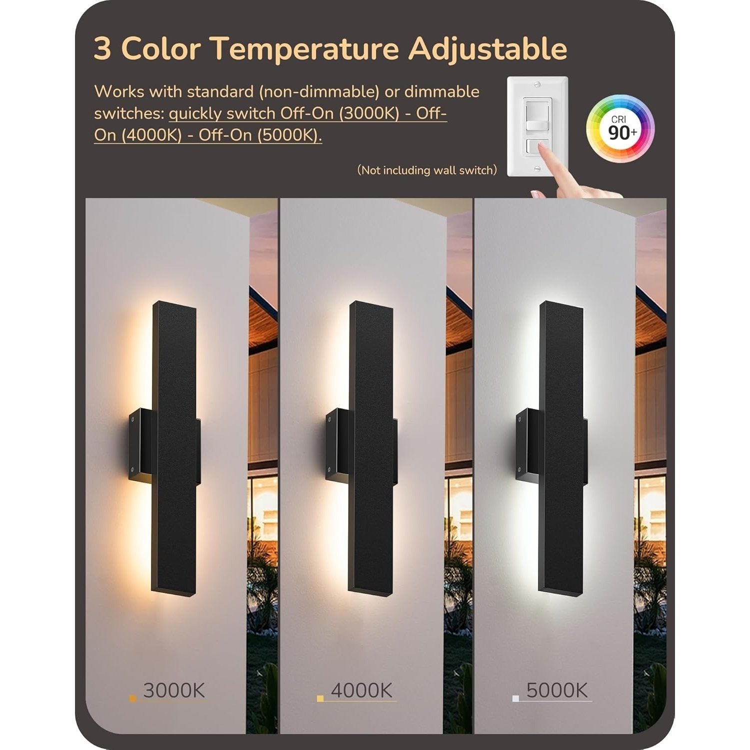 EDISHINE Outdoor LED Wall Light 2-Pack, Dimmable, 3 Color Temperatures Selectable (3000K/4000K/5000K), 15.7-Inch Modern Black Linear Fixture, Suitable for Porch, Garage, Entryway