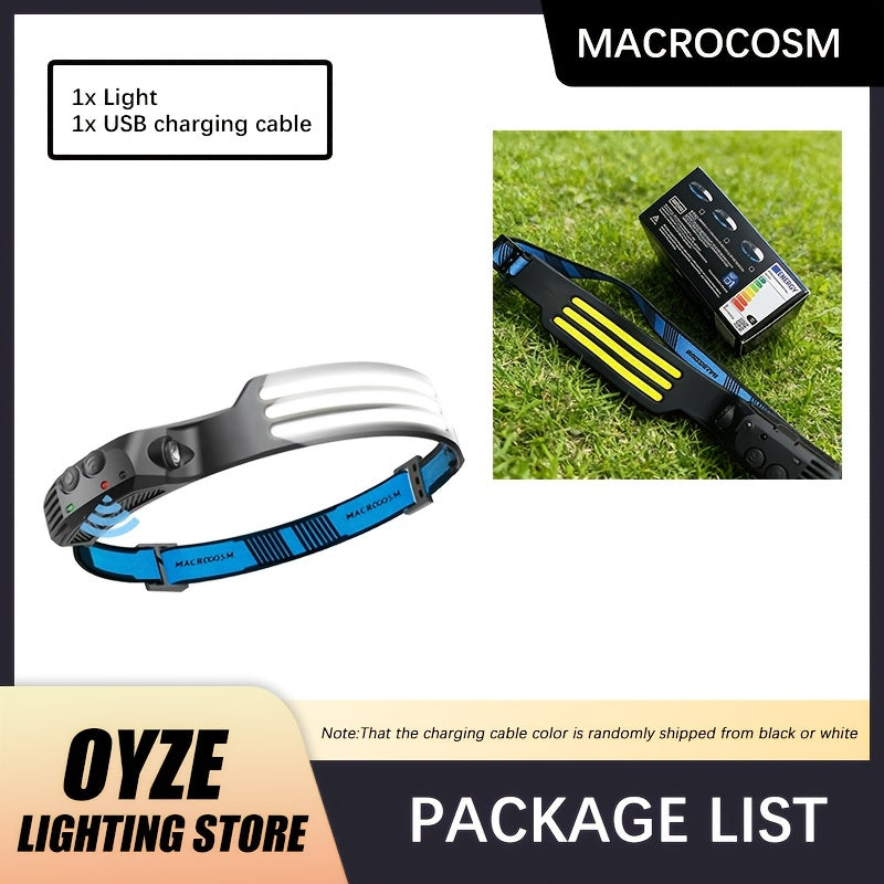 1Pc USB Rechargeable COB Headlamp, Motion Sensor Outdoor Head Light, 230° Wide Angle, 5 Lighting Modes Running Headlamp, Portable Lightweight Hands-Free Flashlight, Ideal for Camping, Hiking and Outdoor Activities