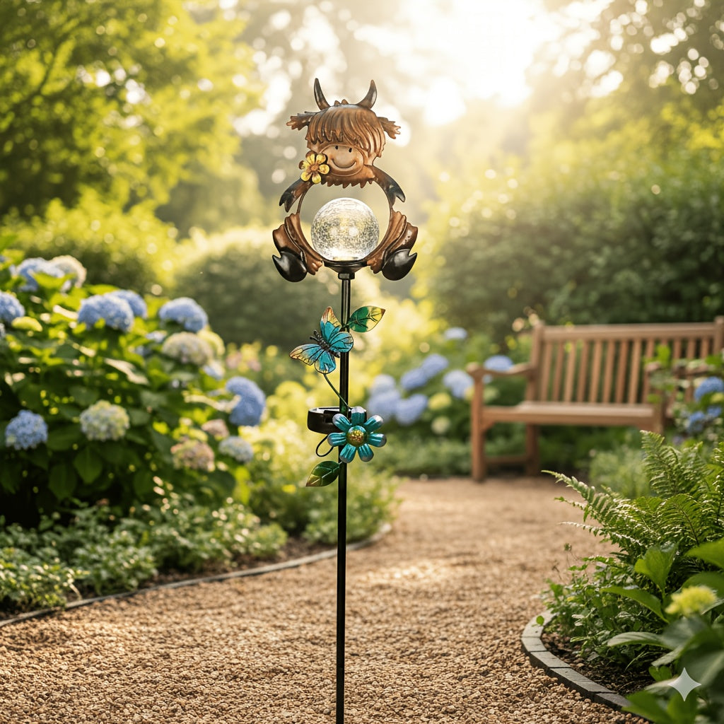 1 Highland Cow Solar Garden Ground Insert Light, LED Small Path Light, with Cracked Glass Ball and Butterfly Decoration, Whimsical Farmhouse Courtyard Art, Suitable for Outdoor Patio Lawn Walkway Decoration