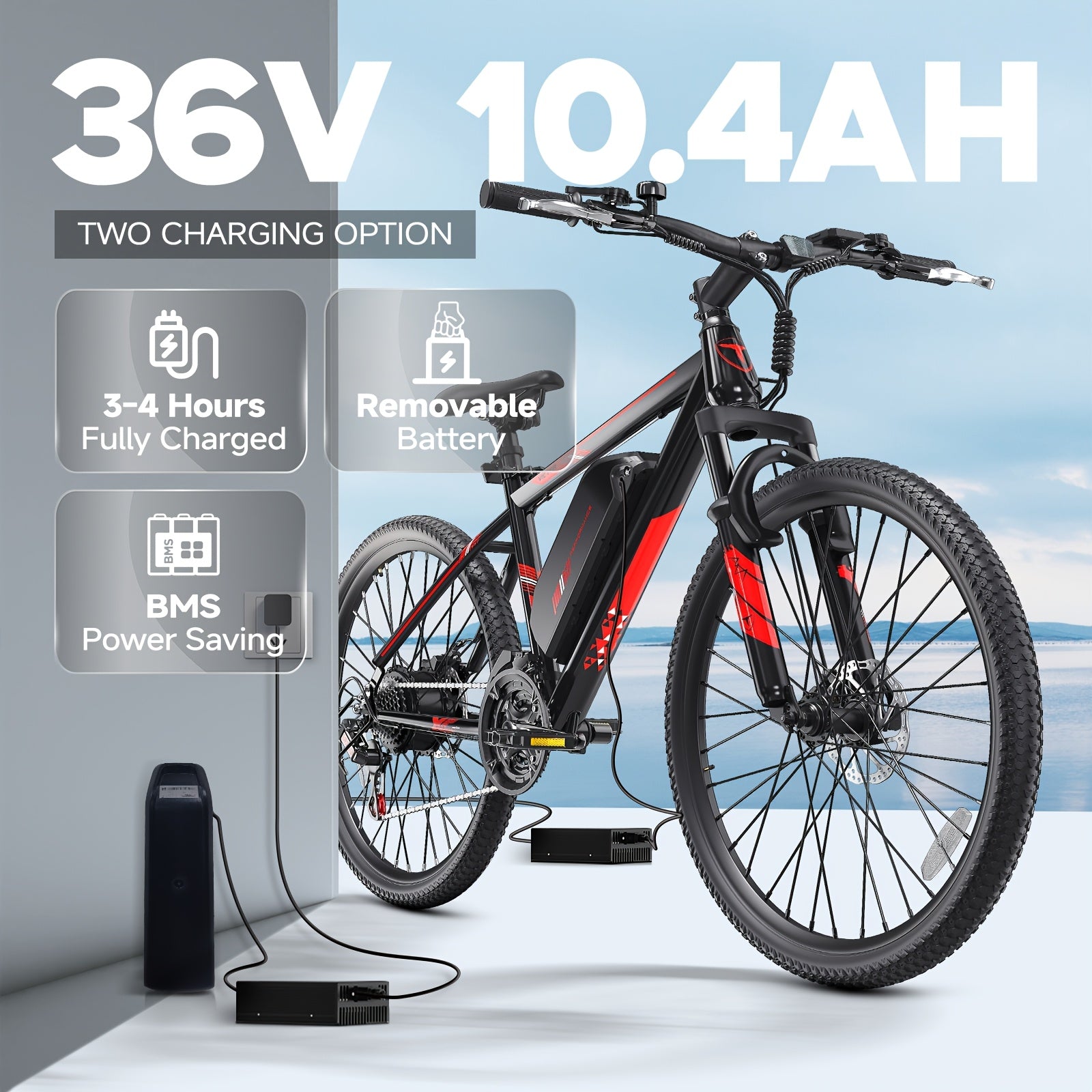 成人电动自行车，电动自行车配备 350w 电机和 36V、10.4AH 电池，电动自行车外观帅气，时尚出行，彰显个性，高效通勤，享受骑行乐趣和户外时光