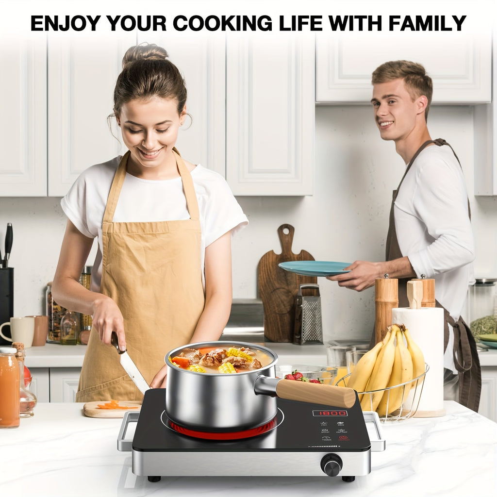 Electric Stove, Portable Single Burner Cooktop with Plug, Hot Plate Countertop Stove, 110V Infrared Burner, Child Safety Lock, Timer, Touch & Knob Control