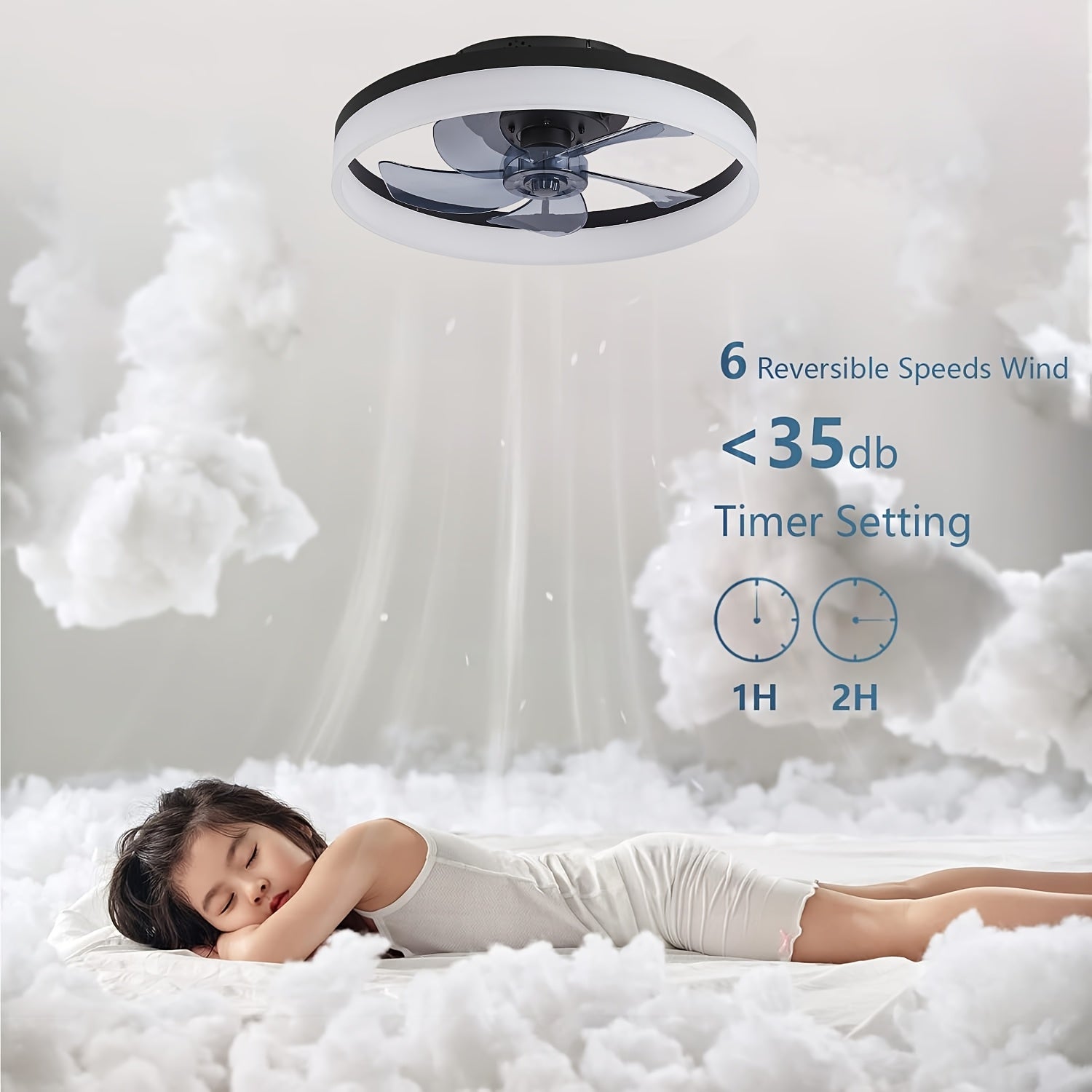 Low Profile 19.7 Inch Ceiling Fan with Light & Remote, Dimmable LED 3000K-6000K, 6 Speed Levels, Black Chandelier Fan for Bedroom Living Room