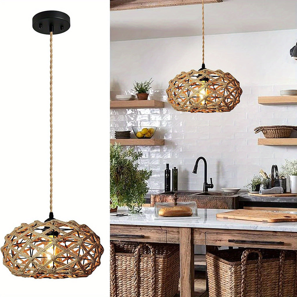 Handwoven Rattan Pendant Light with Jute Rope Woven Shade – Bohemian Rustic Rattan Hanging Lamp, Adjustable Hanging Rope and E26 Socket (Bulb Sold Separately), Suitable for Coastal Farmhouse Bohemian Style Ceiling Light Fixture