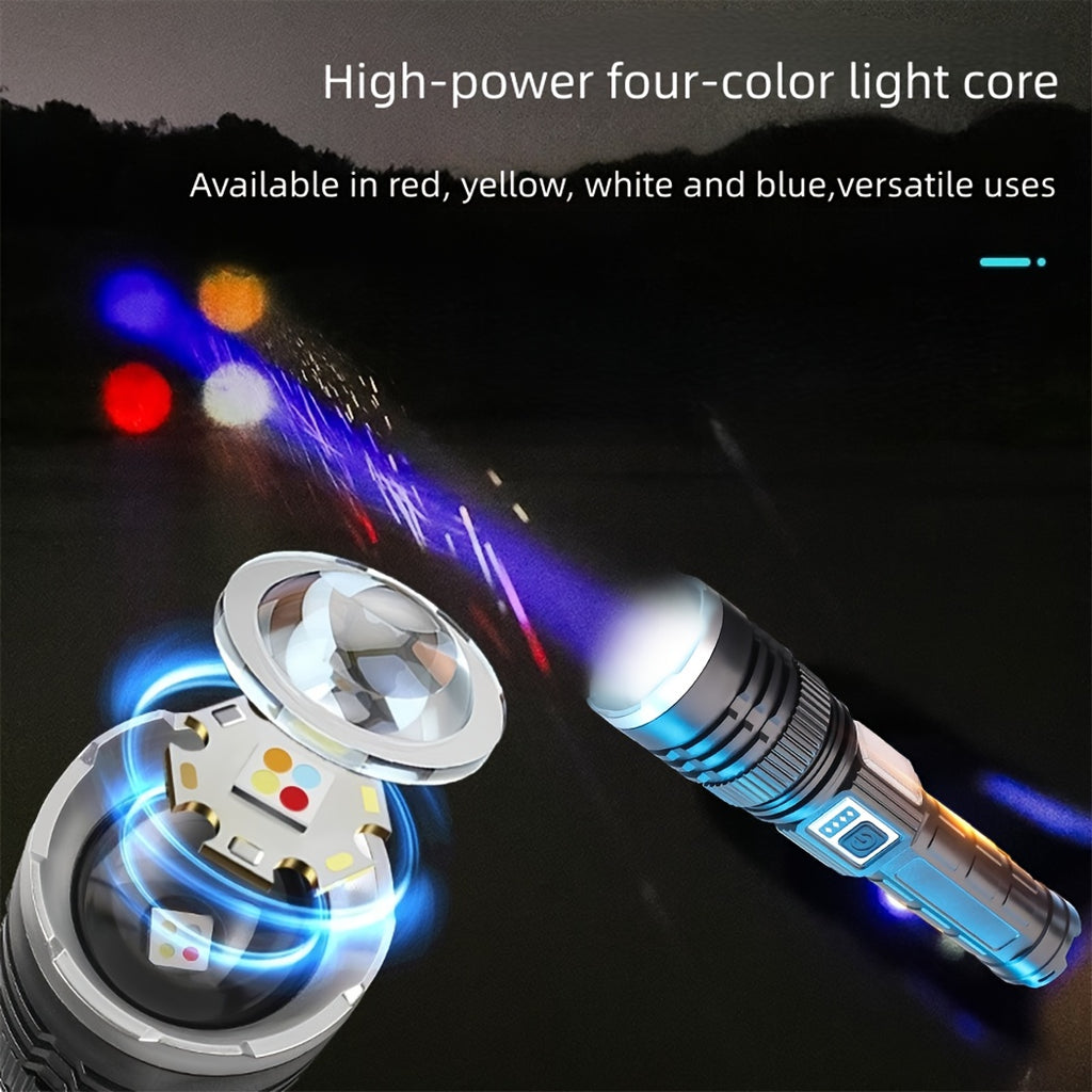 Solar Charging LED Flashlight High Lumen 2400mAh Battery COB Side Fill Light 9 Lighting Modes Zoomable & Beam Adjustable Non-Slip Grip Handheld Flashlight for Camping Mountaineering Home Daily Lighting