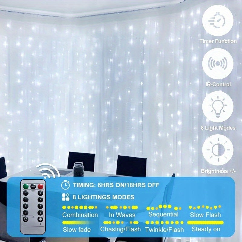 LED 氣氛窗簾燈，氣氛窗簾燈，適用於臥室，冷白色，USB 插電，8 種模式吊燈串燈，附遙控器，適合聖誕節、臥室、室內、婚禮、派對等裝飾，適合所有季節