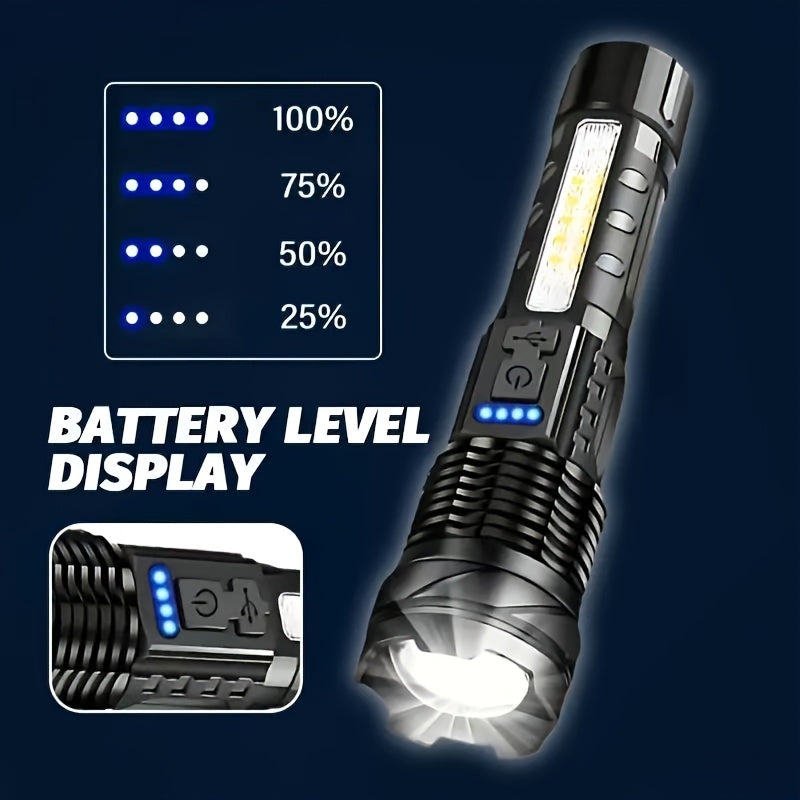 Set of 2 Rechargeable LED Flashlights, COB Floodlight, Powerful USB Charging, Matte ABS Material. They Deliver 150-350 Lumens Brightness, Battery-Powered with Lithium Battery, Perfect for Outdoor Activities Like Camping