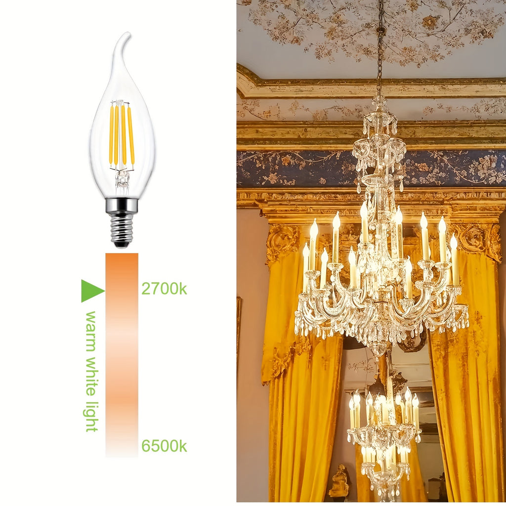 A set of 6 dimmable E12 flame-shaped LED bulbs, emitting 2700K warm white light, power equivalent to 4W/6W to 40W/60W, glass housing, suitable for replacement in living rooms, bedrooms and dining rooms