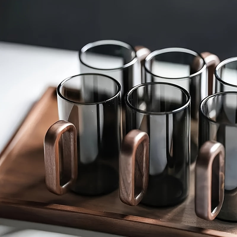 6-Piece High-Borosilicate Glass Cup Set – High Appearance Value, Heat-Resistant Glass Cups for Home Use – Living Room Wood Handle Cups – Black Walnut Wood Tea Cup Set
