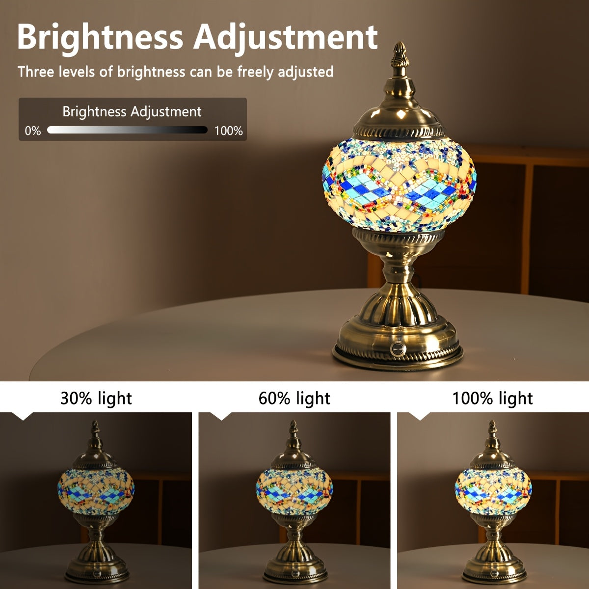 Turkish Moroccan style lantern, bronze base, colorful handmade mosaic glass, bohemian style night light, bedroom decoration, holiday gift (LED bulb included)
