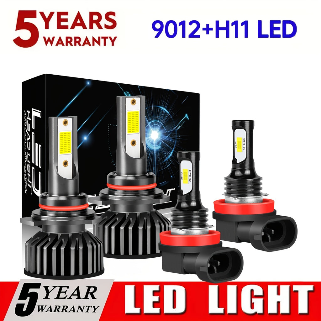 9005+9006 / 9012+H11 LED Headlight Bulbs High/Low Beam Combo Set Super Bright White Light 4-Pack New Upgraded Chip Design Plug-and-Play LED Bulbs Lifespan Up to 50,000 Hours Fits 9005+9006, 9012+H11 Models