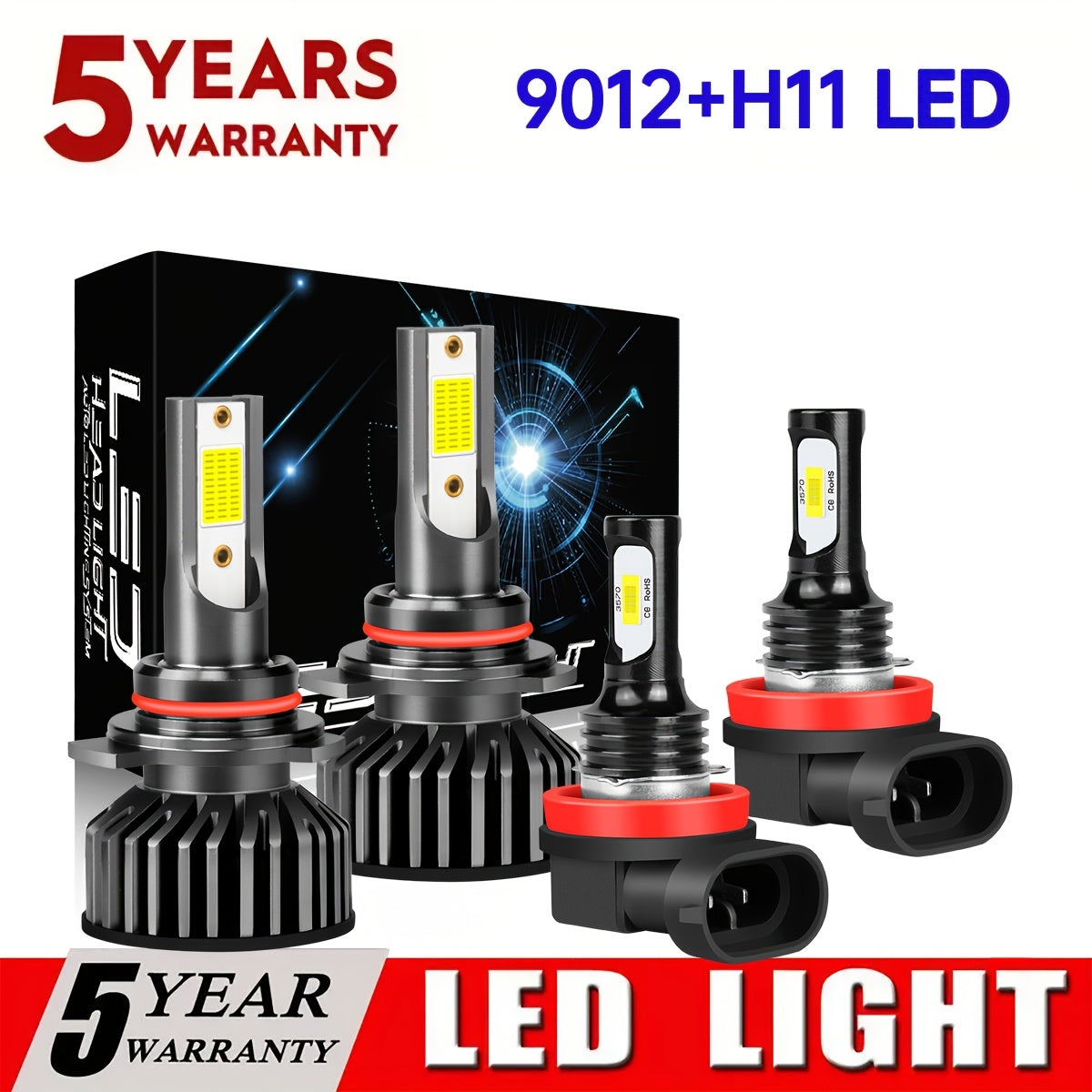 9005+9006 / 9012+H11 LED Headlight Bulbs High/Low Beam Combo Set Super Bright White Light 4-Pack New Upgraded Chip Design Plug-and-Play LED Bulbs Lifespan Up to 50,000 Hours Fits 9005+9006, 9012+H11 Models
