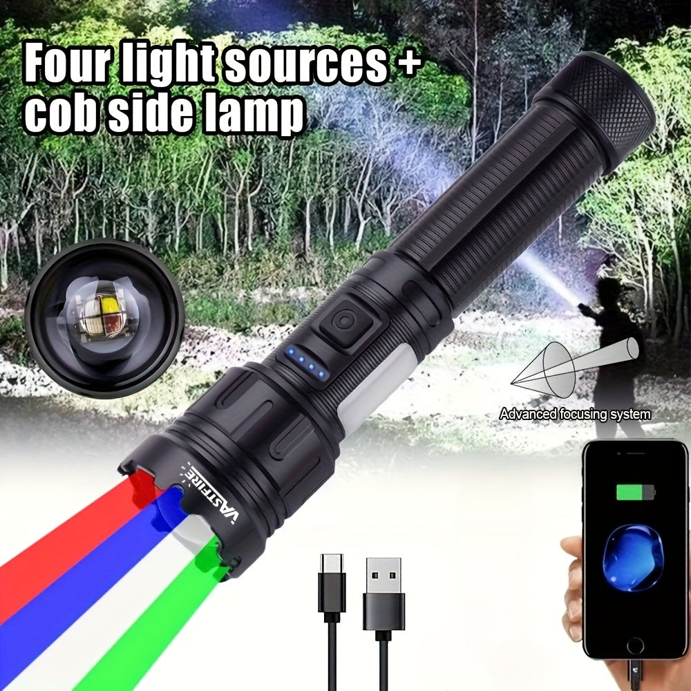 4-in-1 LED Aluminum Alloy Ultra-Bright Zoomable Outdoor Flashlight with 4 Light Sources, COB Side Emergency Light, Rechargeable High Lumen Tactical Flashlight, Ideal for Hiking, Hunting, Camping, Handheld Lighting, Fishing & Various Outdoor Activities