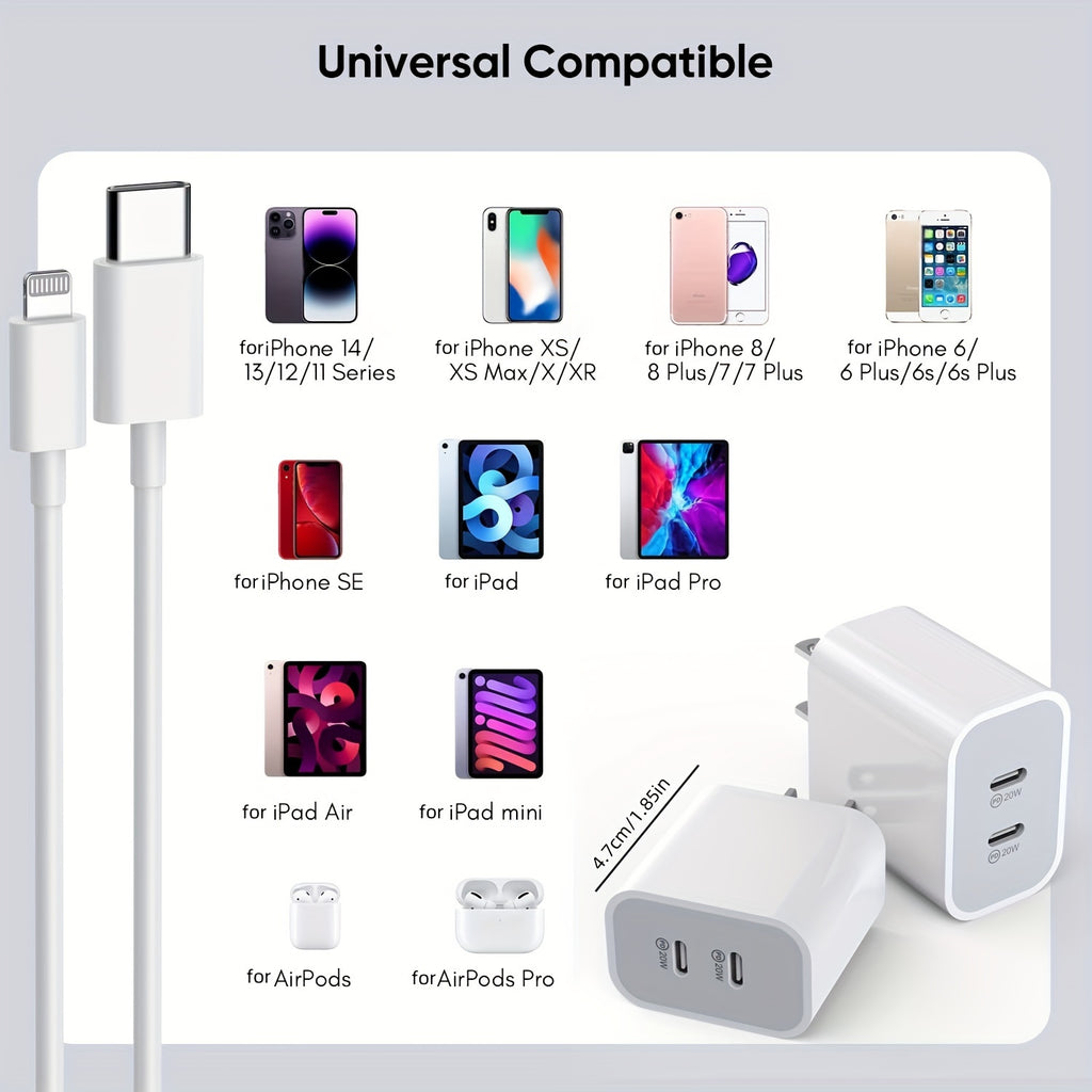 40W Dual USB-C Quick Wall Charger with 10FT Charging Cables, Perfect for Fast Charging Your for Iphone 14/13/12/11/Xr/Xs/Se/Ipad