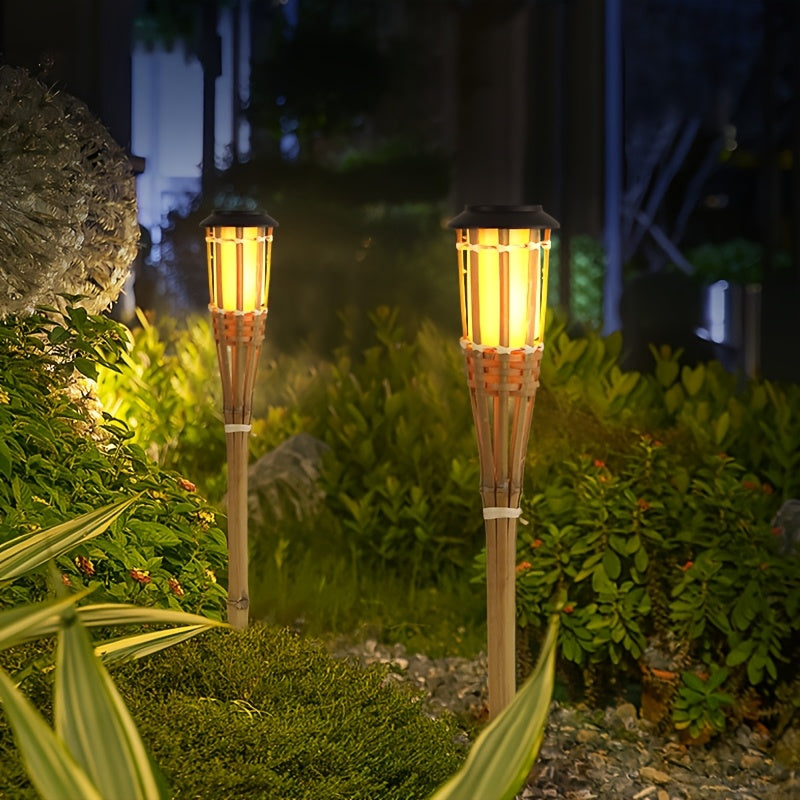 Solar Bamboo Craft Lawn Light, Warm Cozy Light, Flickering Flame Effect, Outdoor Lighting, Bamboo Ground Insert Torch Light, for Courtyard, Garden Path, Landscape Decoration