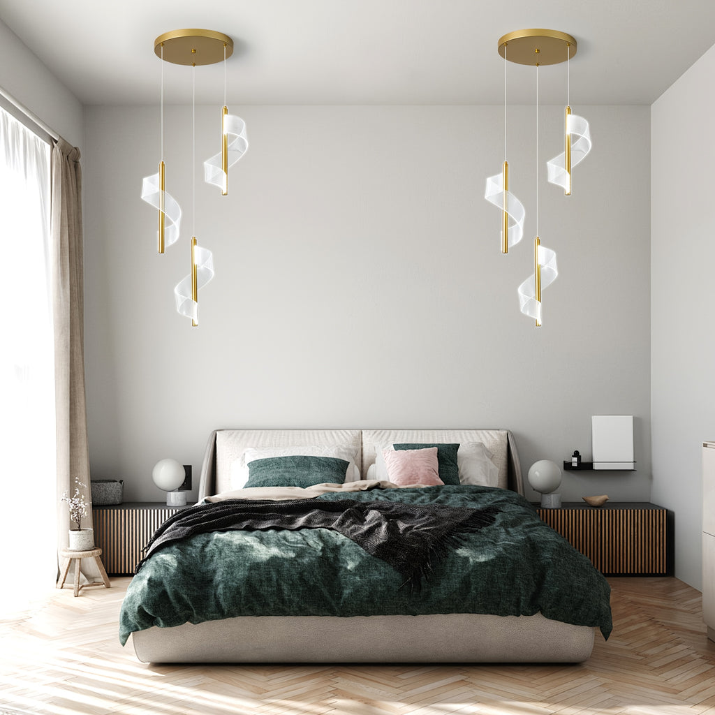 Ganeed modern ceiling gold pendant light, LED 6000K cool white 3-light pendant light, 18W height-adjustable semi-flush mount pendant lighting fixture, suitable for kitchen island, dining table, living room