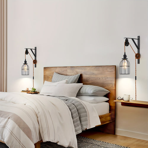 1/2-Piece Farmhouse Style Plug-In Pulley Pendant Light, with Brown Cord and Switch Wall Light