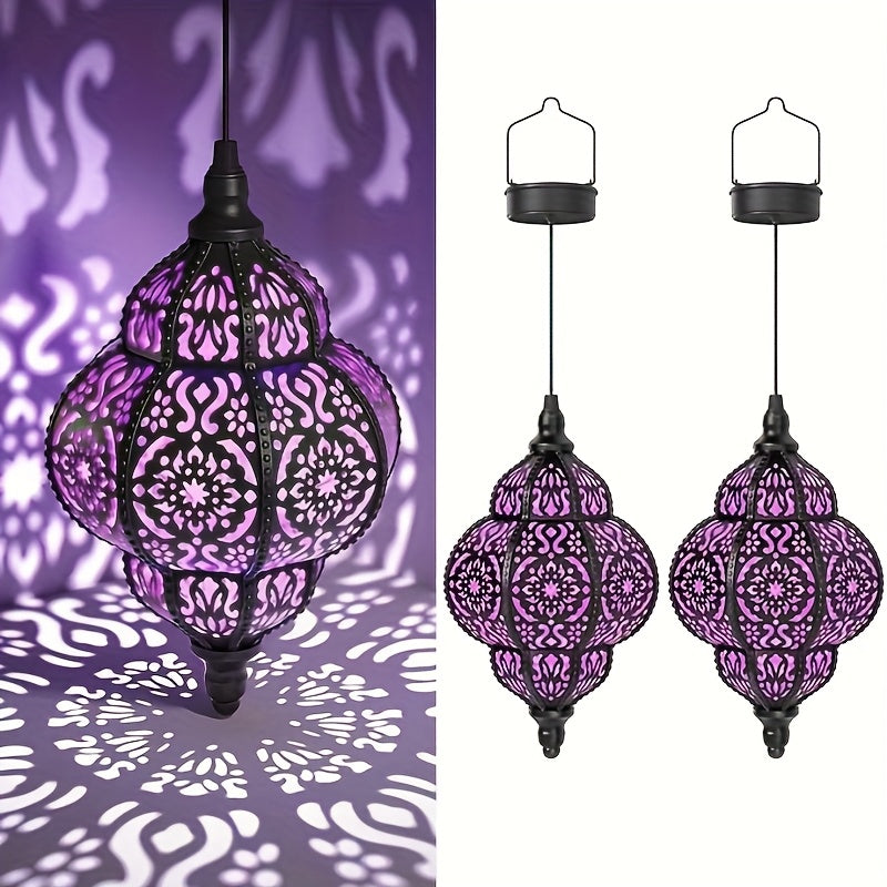 Two-Piece Solar Lantern, Colorful Large Round Moroccan Style Outdoor Hanging Light, Hollow Design, Waterproof, Suitable for Garden, Courtyard, Path, Halloween and Christmas Decoration