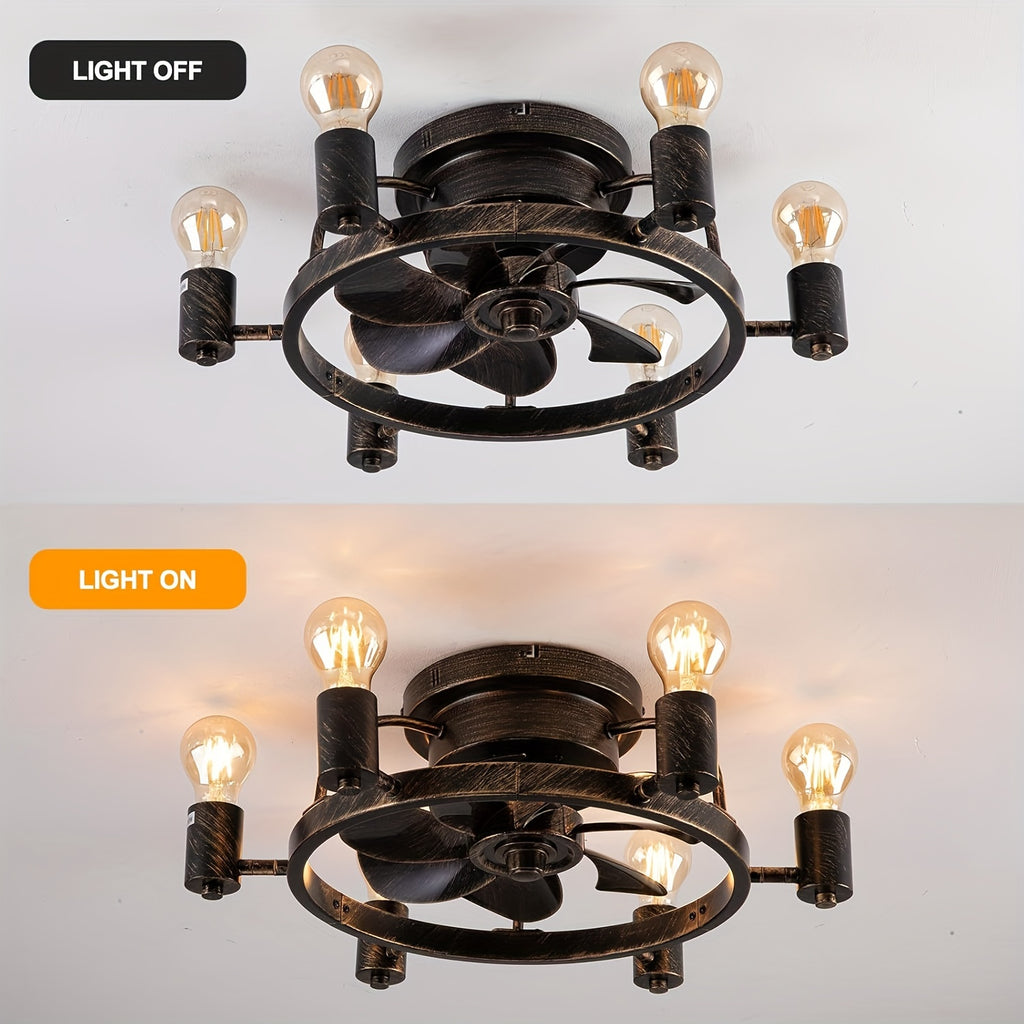 20 Inch Low Profile Flush Mount Ceiling Fan with Light - Remote Control, 6-Speed Quiet Motor, Timer Function, Reversible Fan & Light Control, Industrial Farmhouse Style for Bedroom, Bronze Finish with Grid Design