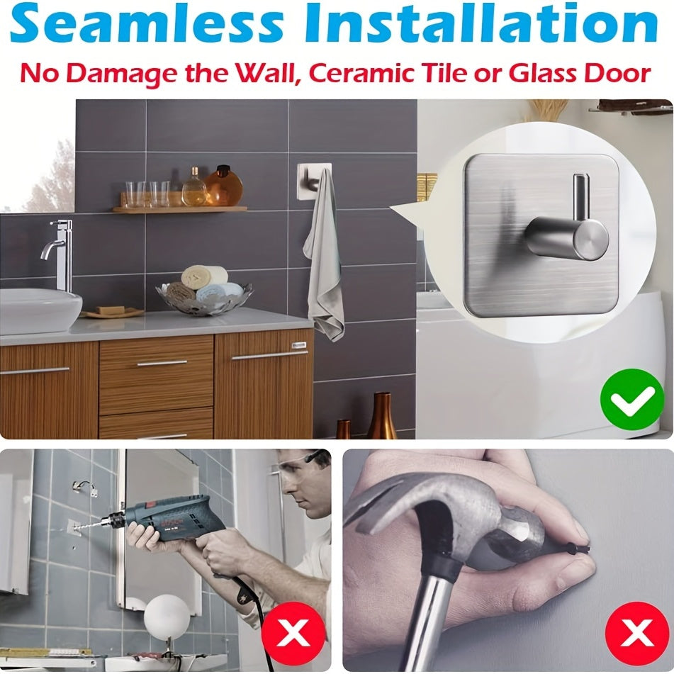 4 Pack Heavy Duty Adhesive Hooks - Towel Hooks, Stick-on Wall Hooks, Waterproof Stainless Steel for Bathroom, Kitchen & Home - Black & Silver