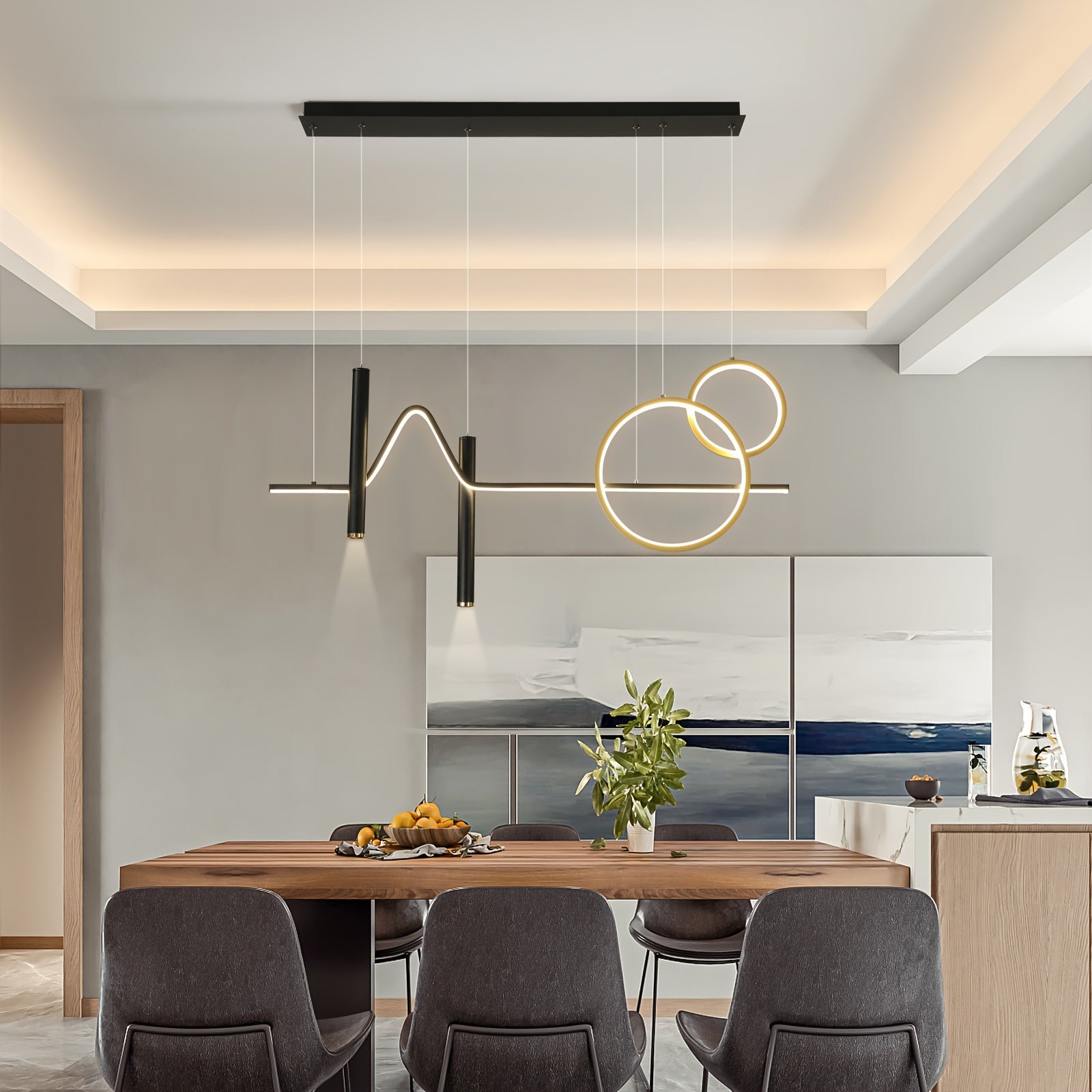 Enkerr modern gold dimmable LED pendant light, with remote control, adjustable color temperature (warm light/cool light), linear wave shape, compatible with spotlights (wall switch control), suitable for island, dining room, living room