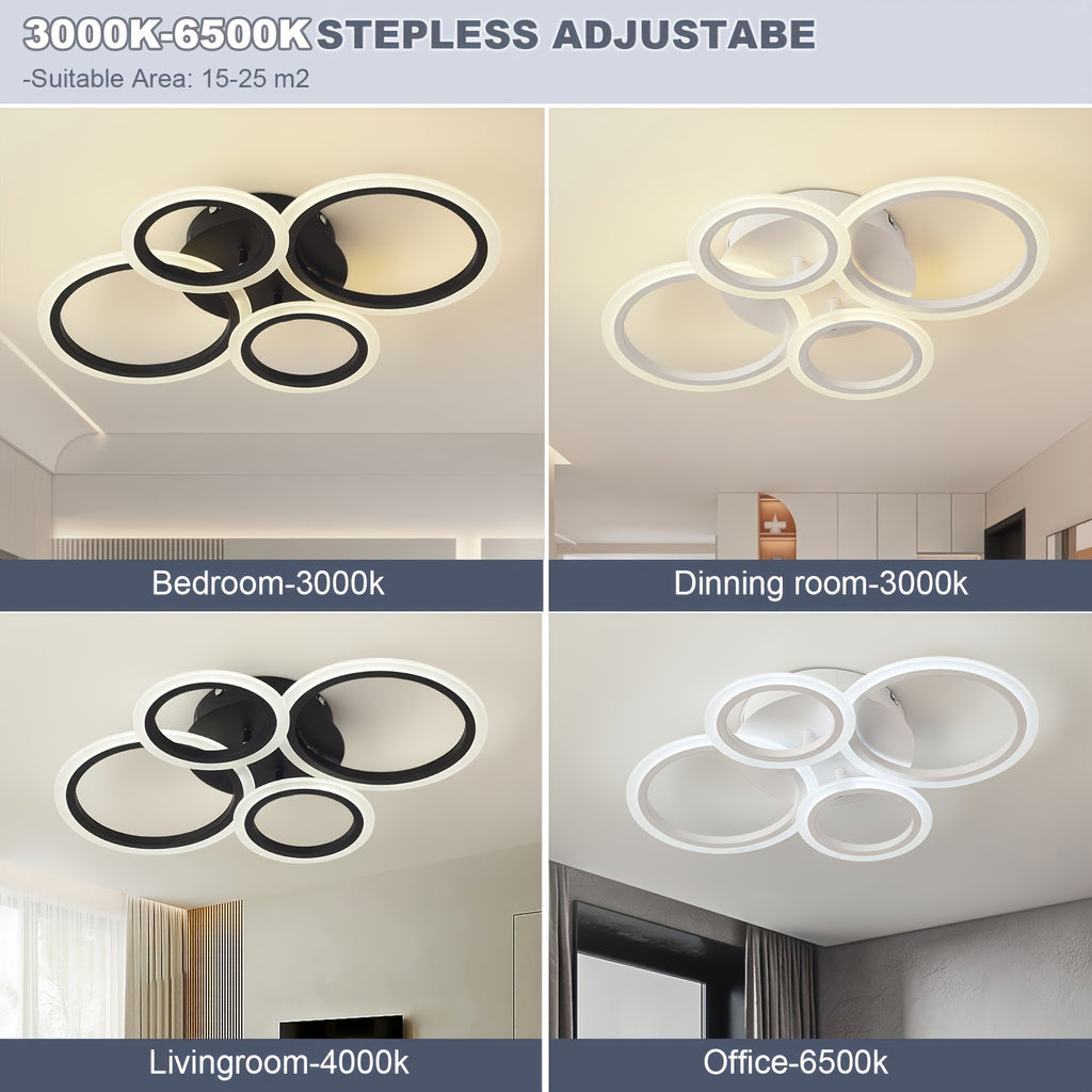 1pc-4 ring LED ceiling light, modern LED ceiling fixture, warm light, metal ceiling mount with detachable clips, suitable for kitchen, bedroom, living room, laundry room - mounting hardware included