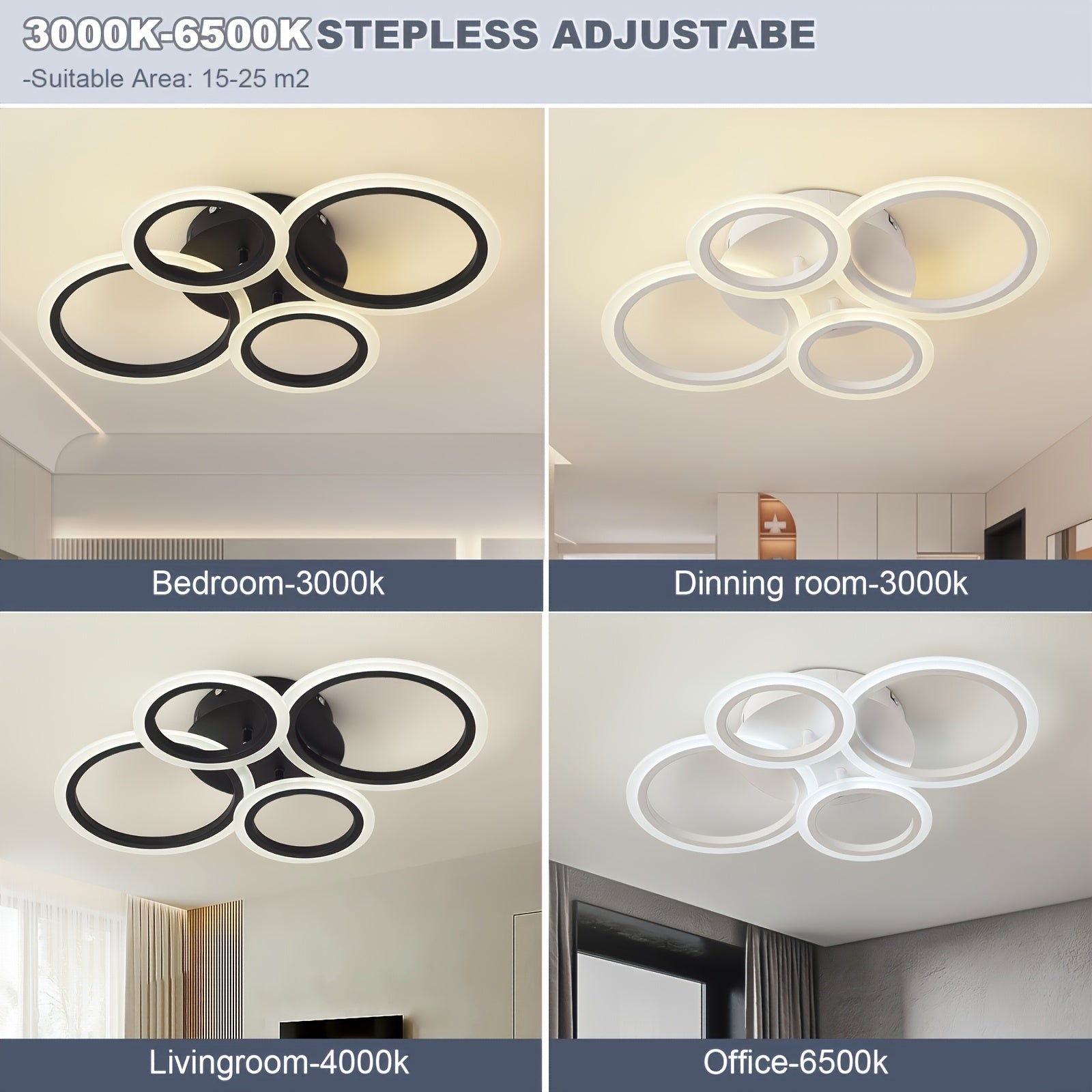 1pc-4 ring LED ceiling light, modern LED ceiling fixture, warm light, metal ceiling mount with detachable clips, suitable for kitchen, bedroom, living room, laundry room - mounting hardware included