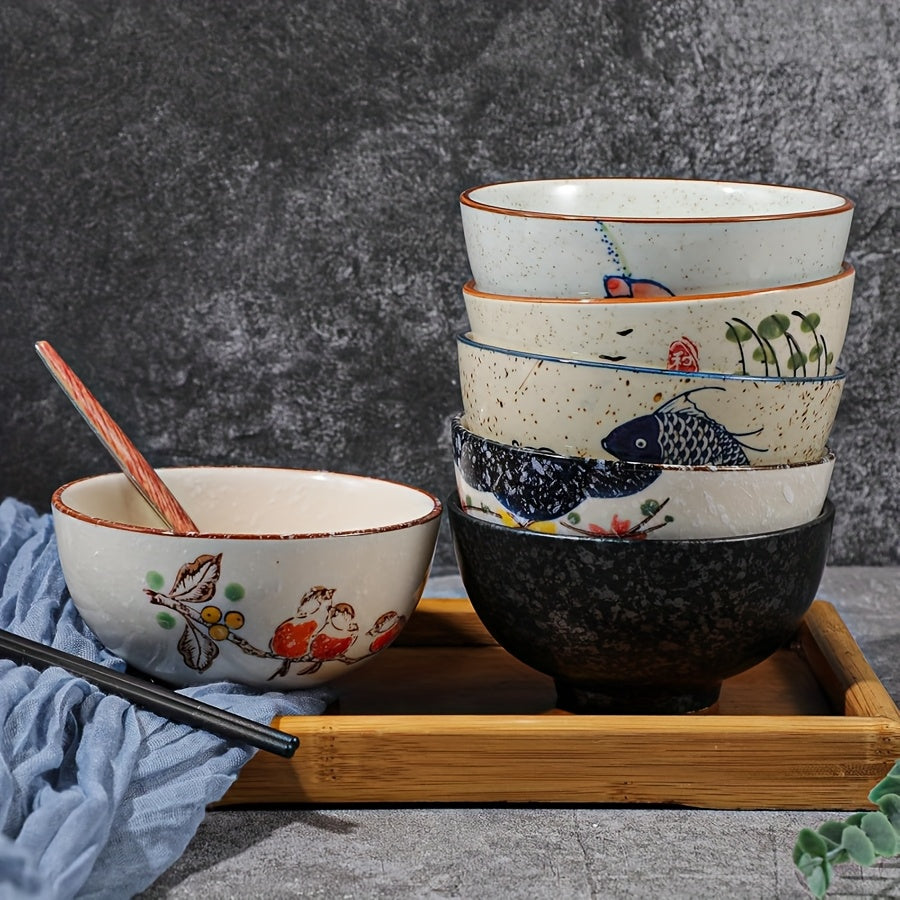 6pcs Vintage Ceramic Cereal Bowls, 4.5-Inch Stackable Chinese Bowls – Small Hand-Painted Dinnerware Set – Perfect for Cereal, Salad, Dessert, Ice Cream, Rice, Noodles – Dishwasher Safe & Microwave Safe
