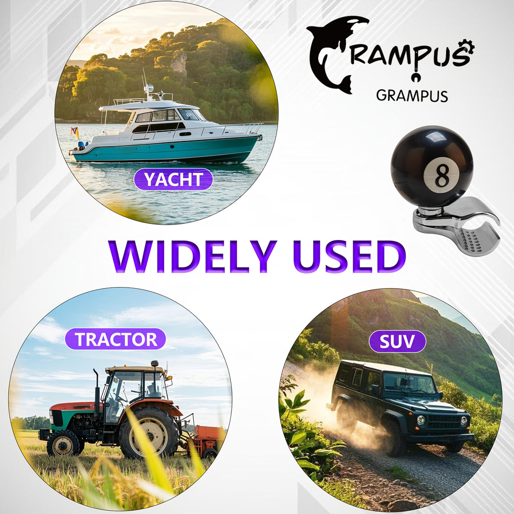 GRAMPUS 8-Ball Steering Wheel Knob Spinner – 360° Smooth Rotation, One-Hand Driving & Reversing Control, Stainless Steel & Resin, Black with White Number 8 Design, for Boats & Tractors
