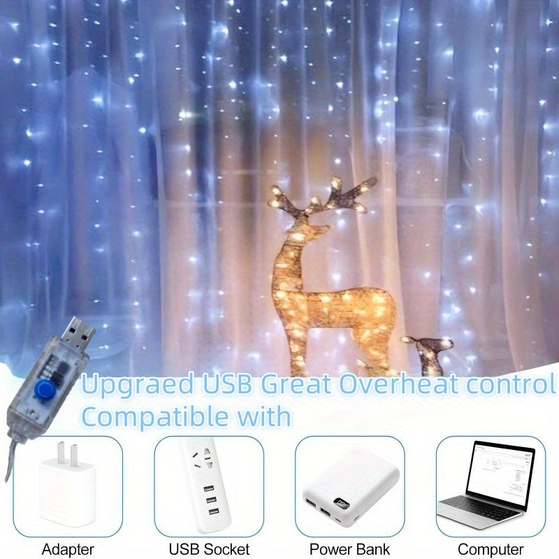 LED 氣氛窗簾燈，氣氛窗簾燈，適用於臥室，冷白色，USB 插電，8 種模式吊燈串燈，附遙控器，適合聖誕節、臥室、室內、婚禮、派對等裝飾，適合所有季節