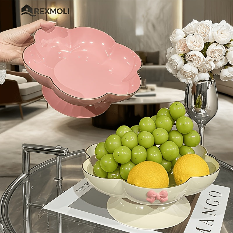 1pc Gold Rim Floral Pedestal Fruit Bowl & Cake Stand – Perfect for All Seasons – Ideal Living Room Decor, Family Dinner Table Fruit Bowl, Dessert Plate, Dried Fruit, Cupcake, Jewelry Storage Tray – Elegant Tableware