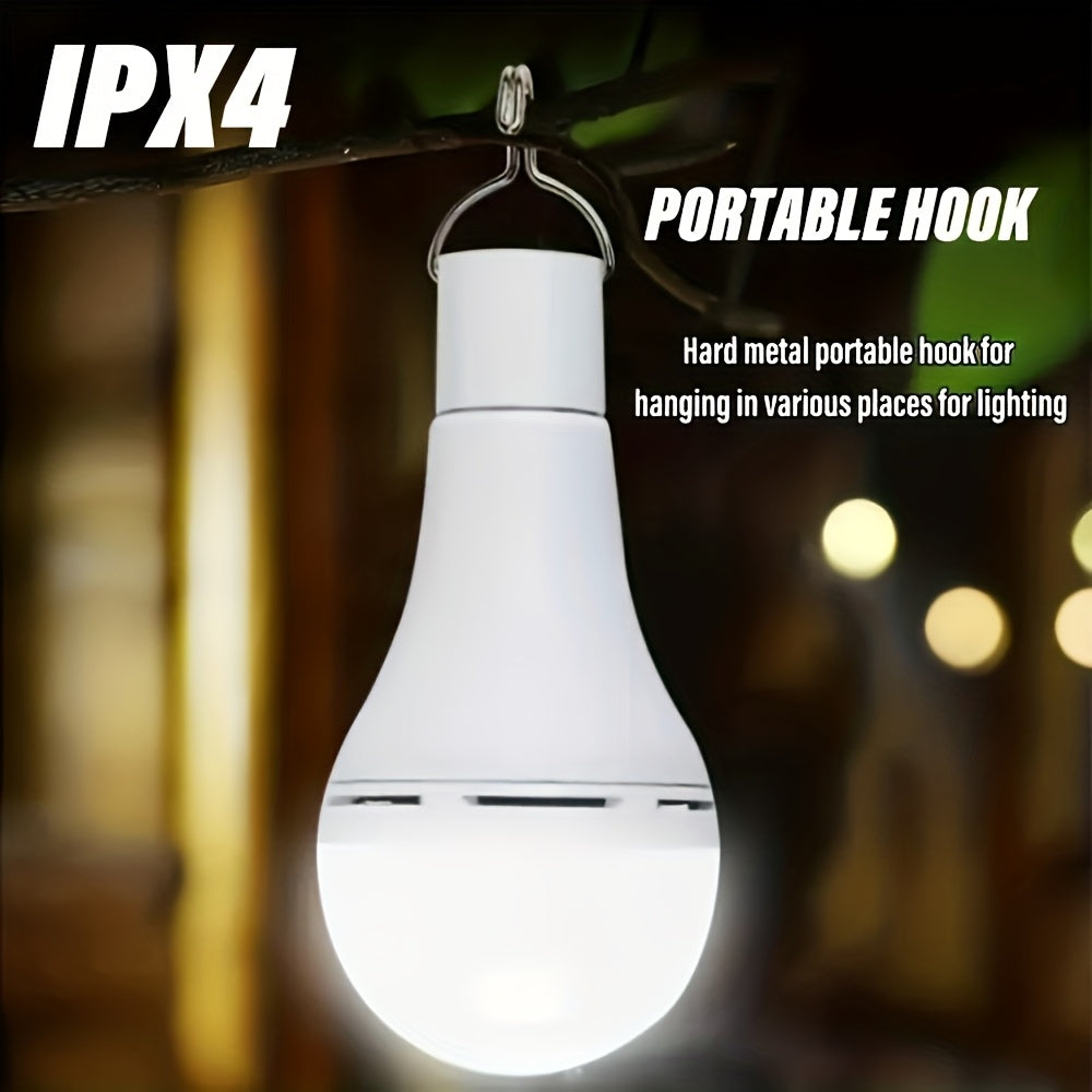 4PCS smart solar LED bulb, USB rechargeable emergency bulb, portable floodlight with hook, 3 lighting modes yard light, suitable for garden, camping, fishing, lantern, night light, stall lighting