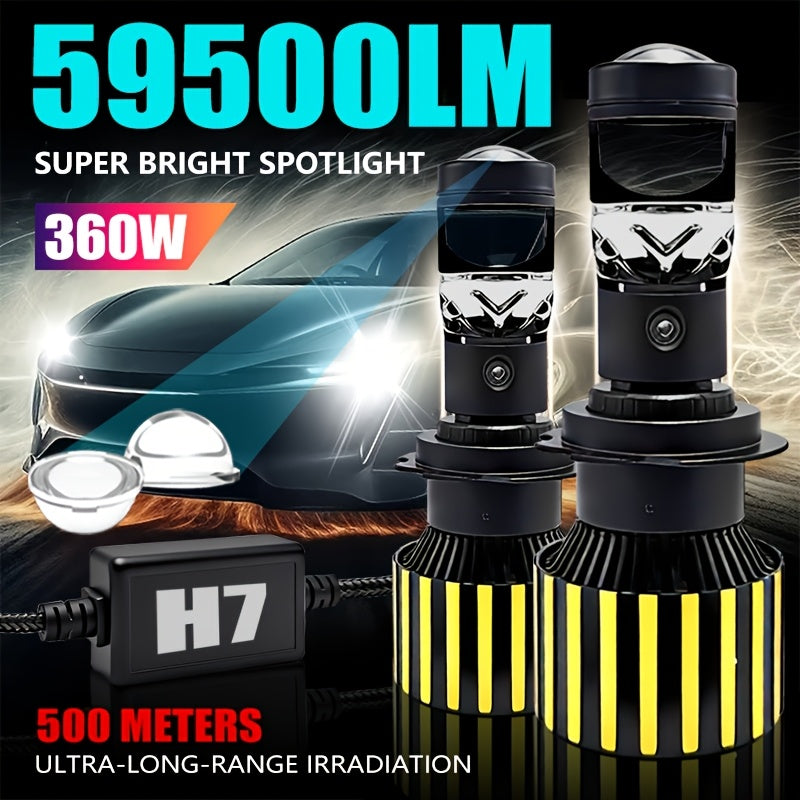 Set of 2 H7/H4/H8/H9/H11/H18/9005/HB3/9006/HB4 Hi/Lo Lighting LED Car Lights, Providing 59500 Lumens and 360W of Intense Brightness. These Plug-and-Play Canbus Headlights Feature a Projector Beam