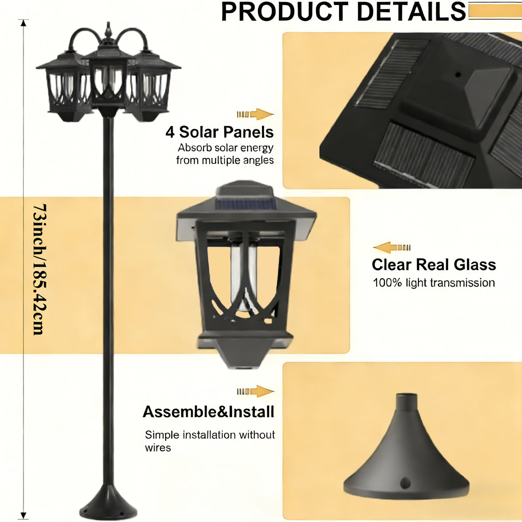 3-Head Solar Outdoor Lamp Post | 73 Inch Light Post, Dusk-to-Dawn Auto On/Off, Metal Material, Semi-Flush Mount Installation, Suitable for Garden Courtyard Home, Mardi Gras, Easter Decoration