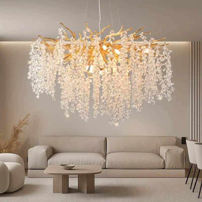 1 piece modern branch-shaped round crystal chandelier, gold handcrafted aluminum branch design, semi-flush mount installation, compatible with G9 bulbs (bulbs not included), suitable for dining room, living room, bedroom, villa