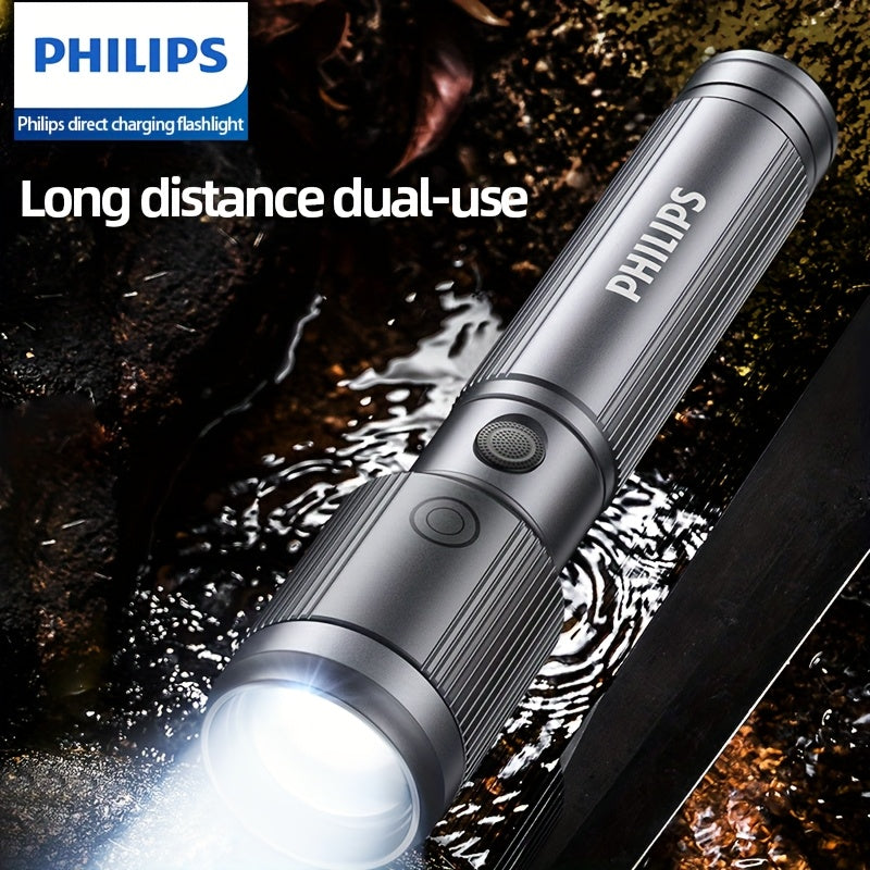 Philips Adjustable Focus Rechargeable Flashlight: Portable & Multifunctional with Telescopic Design. Equipped with a large-capacity lithium battery, rechargeable, long-distance lighting